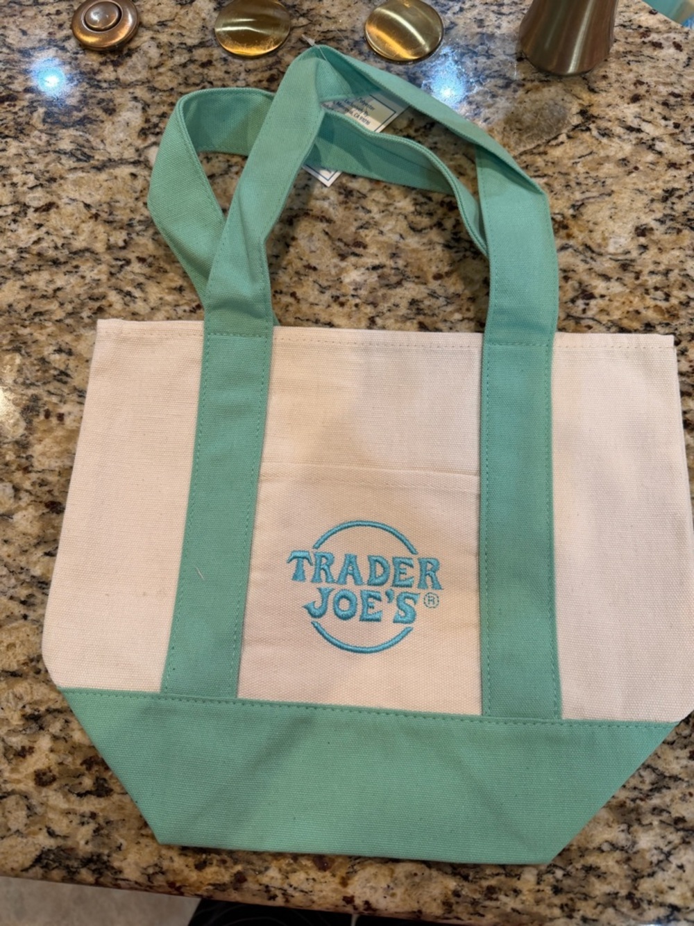 Trader Joe’s small Canvas Tote in Mint and Natural- new with tags